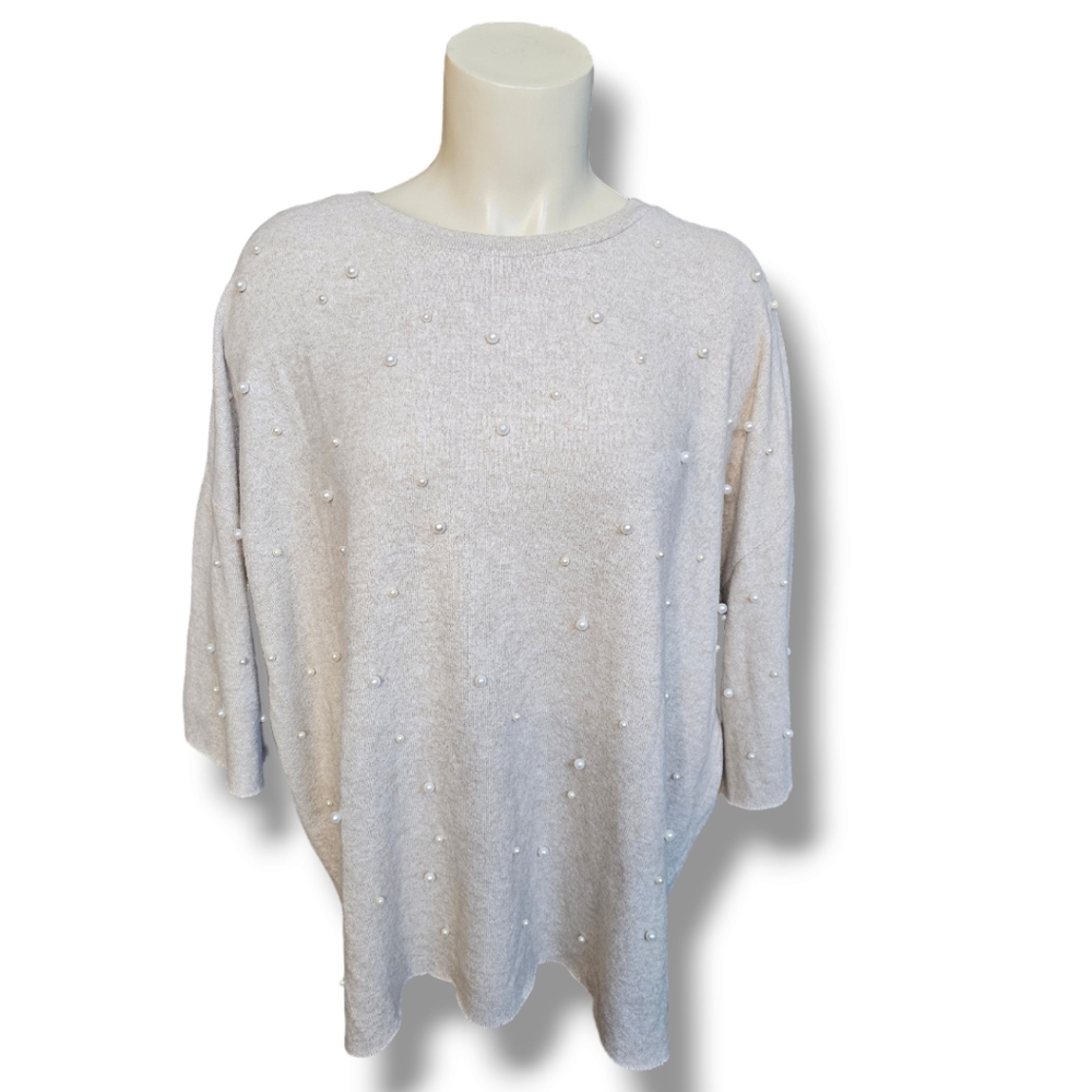 Zara Sweater Beige Tan Knit Pearl Accent Front, Size L